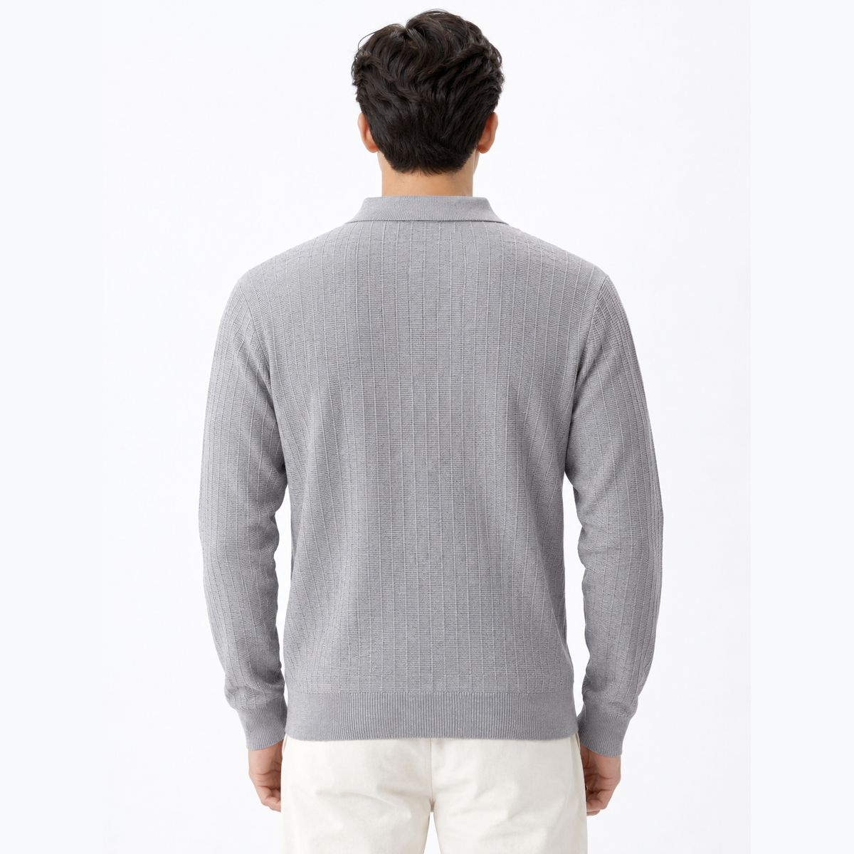 Men's Flower Gray button detail sweater back view.