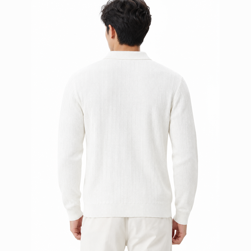 Men's White button detail sweater back view.