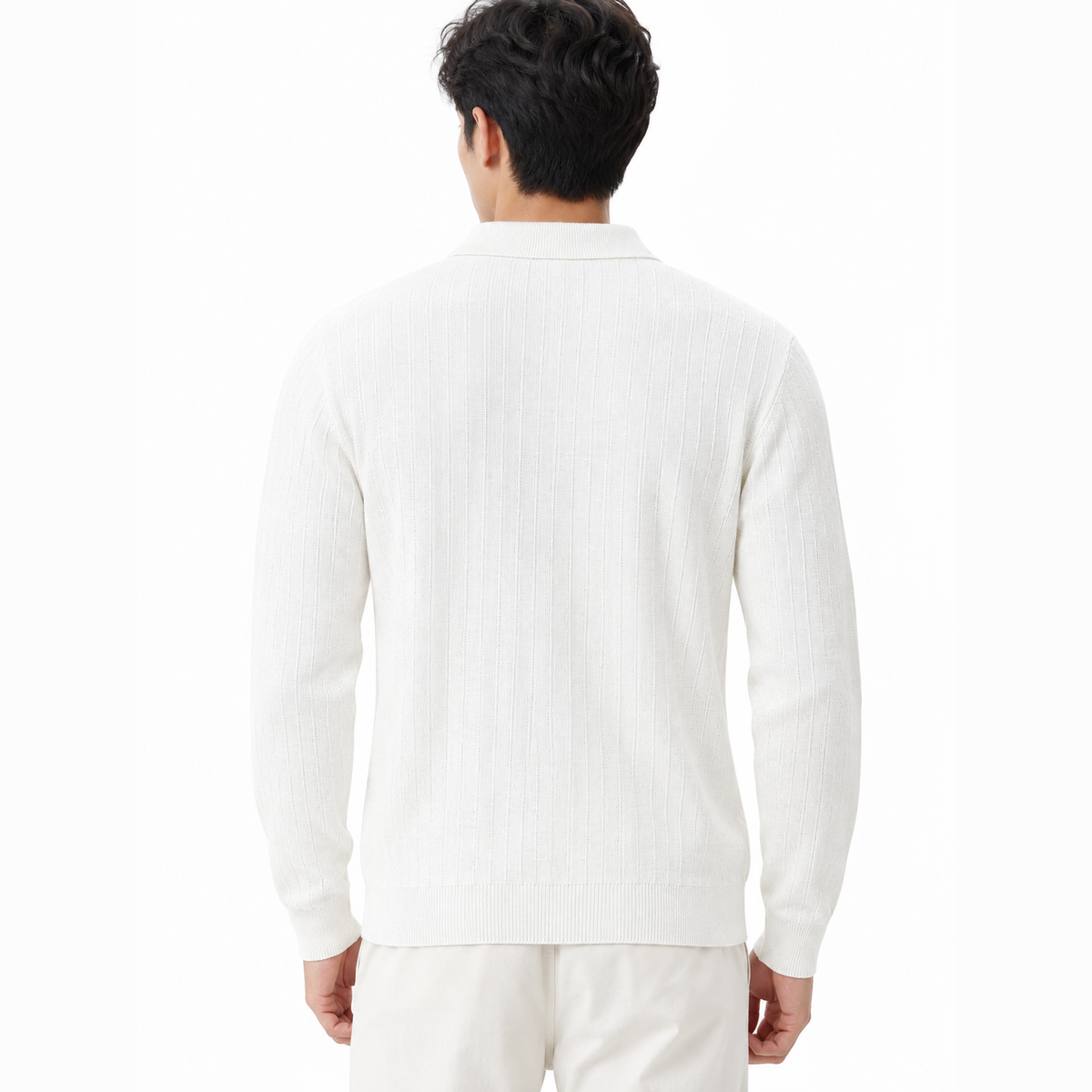 Men's White button detail sweater back view.