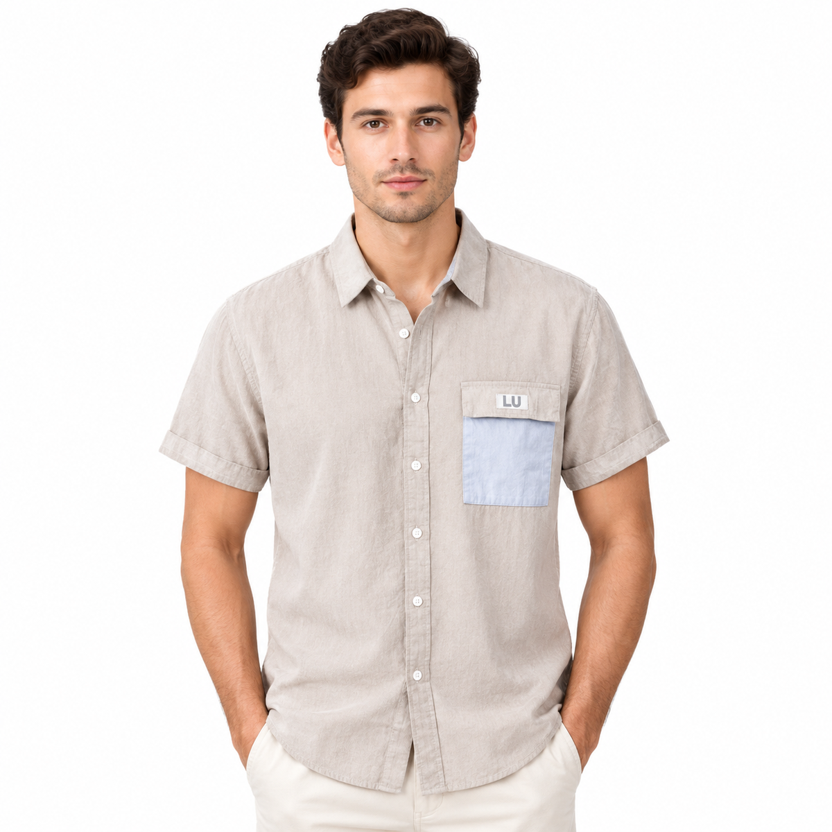Men's button-down shirt Beige front view.