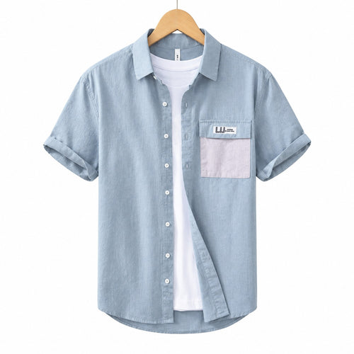 Men's button-down shirt Gray Blue front view.