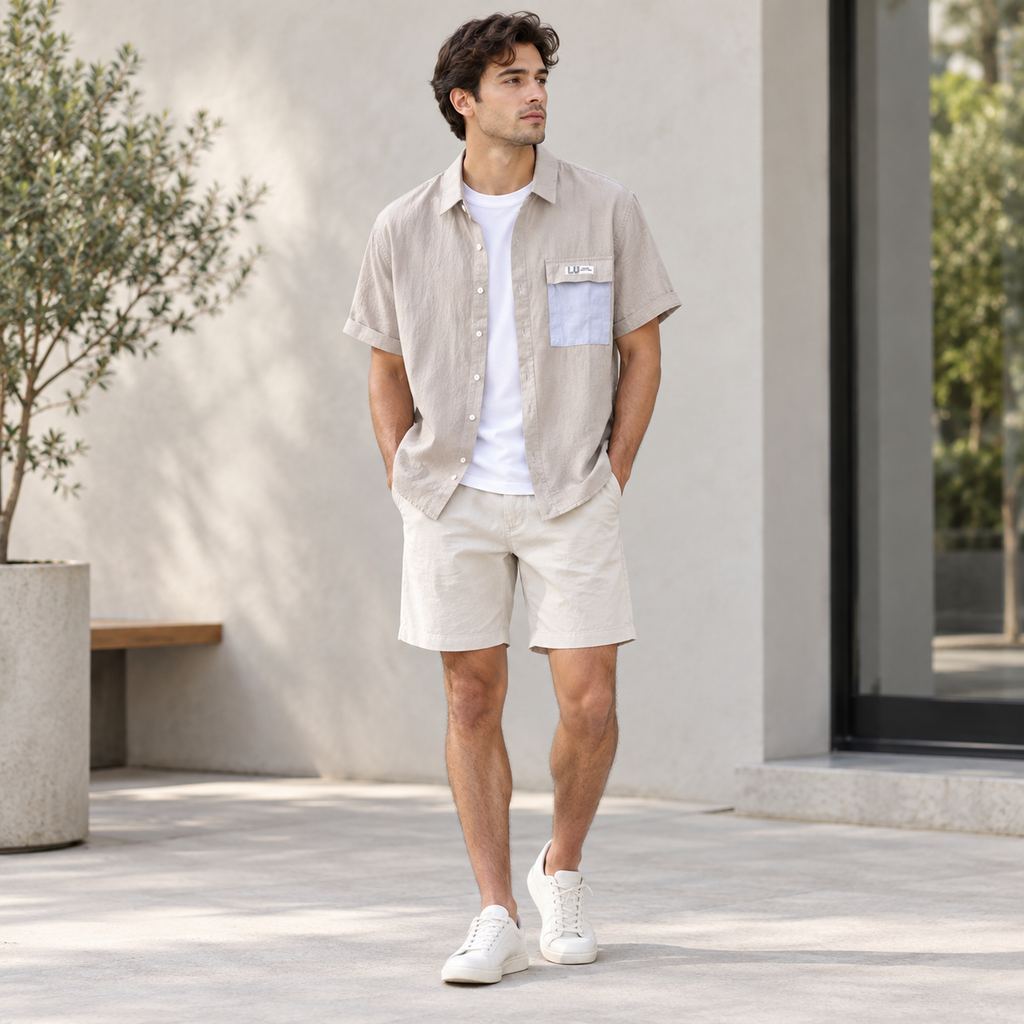 Men's casual short sleeve button-down shirt in Beige