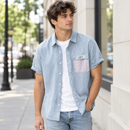 Men's casual short sleeve button-down shirt in Gray Blue.