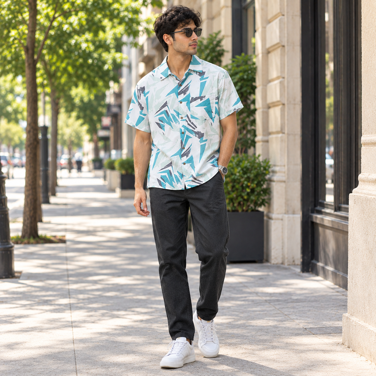 Men's Lake Blue button-down shirt back view.