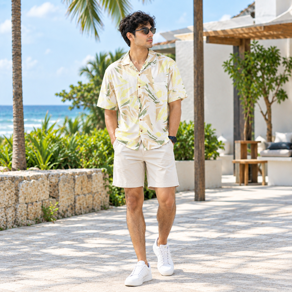 100% cotton short sleeve shirt for men in Light Yellow.