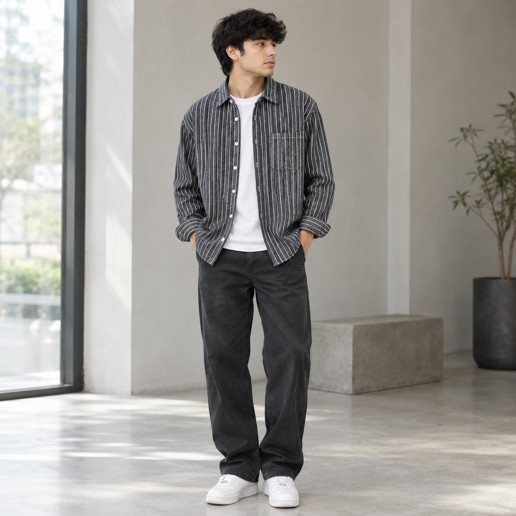 95% cotton striped shirt for men in Gray.