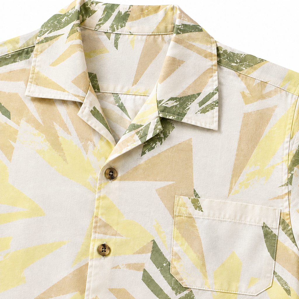 Light Yellow men's geometric print shirt detail.