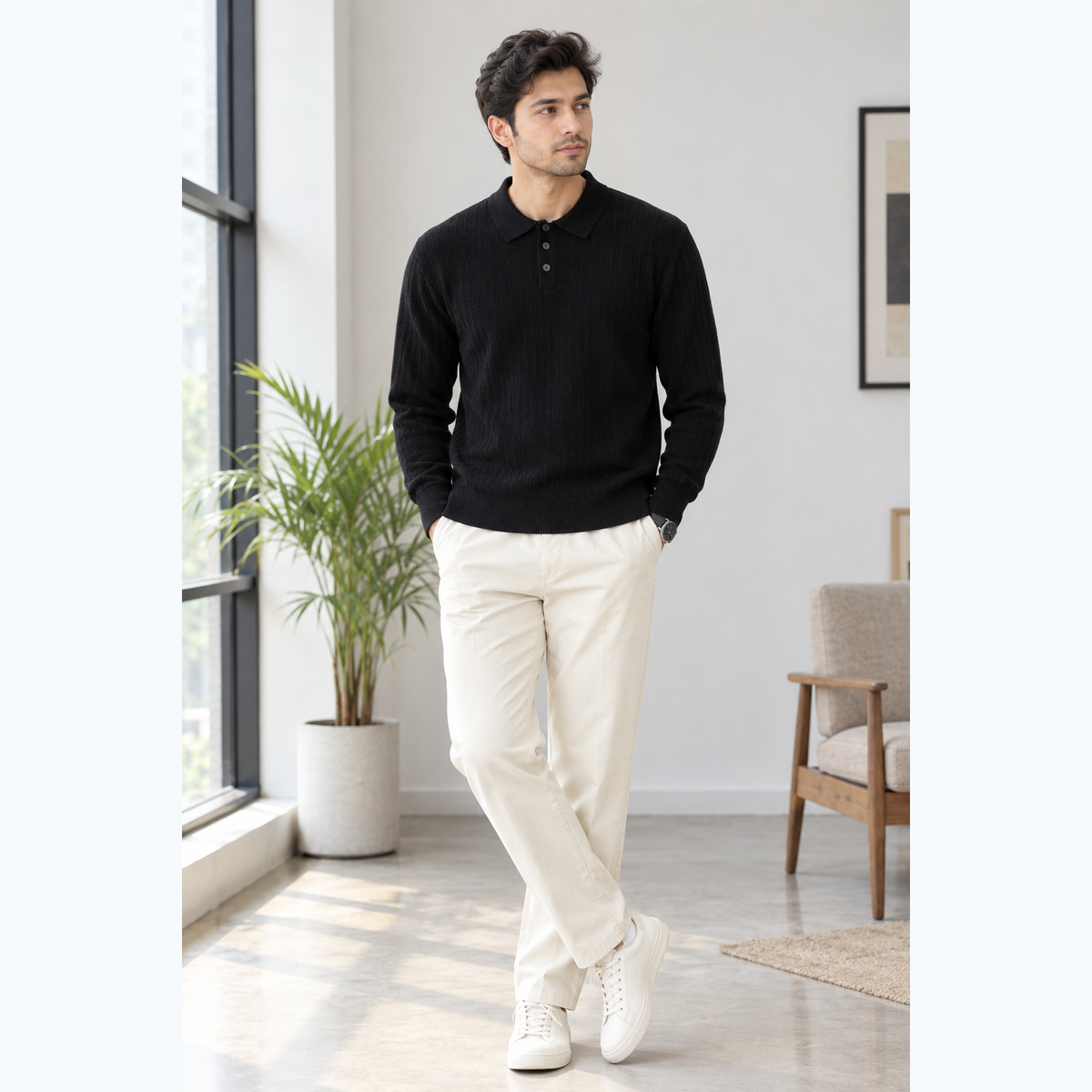 Men's plus size ribbed knit sweater in Black.