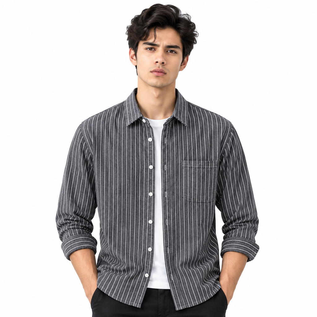 Men's plus size striped button-down shirt in Gray