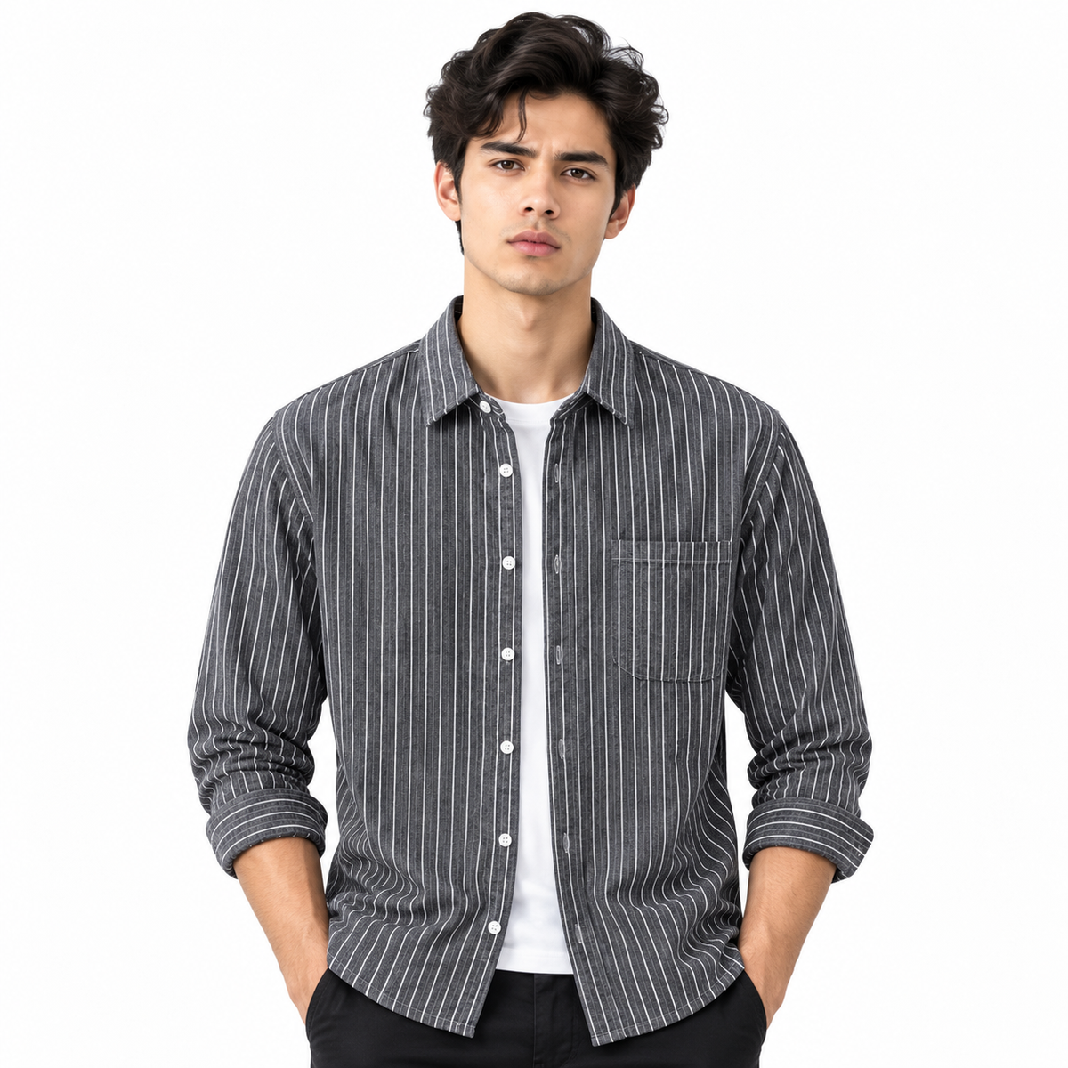 Men's plus size striped button-down shirt in Gray