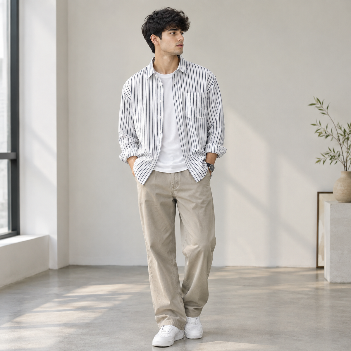 Men's plus size striped button-down shirt in White.