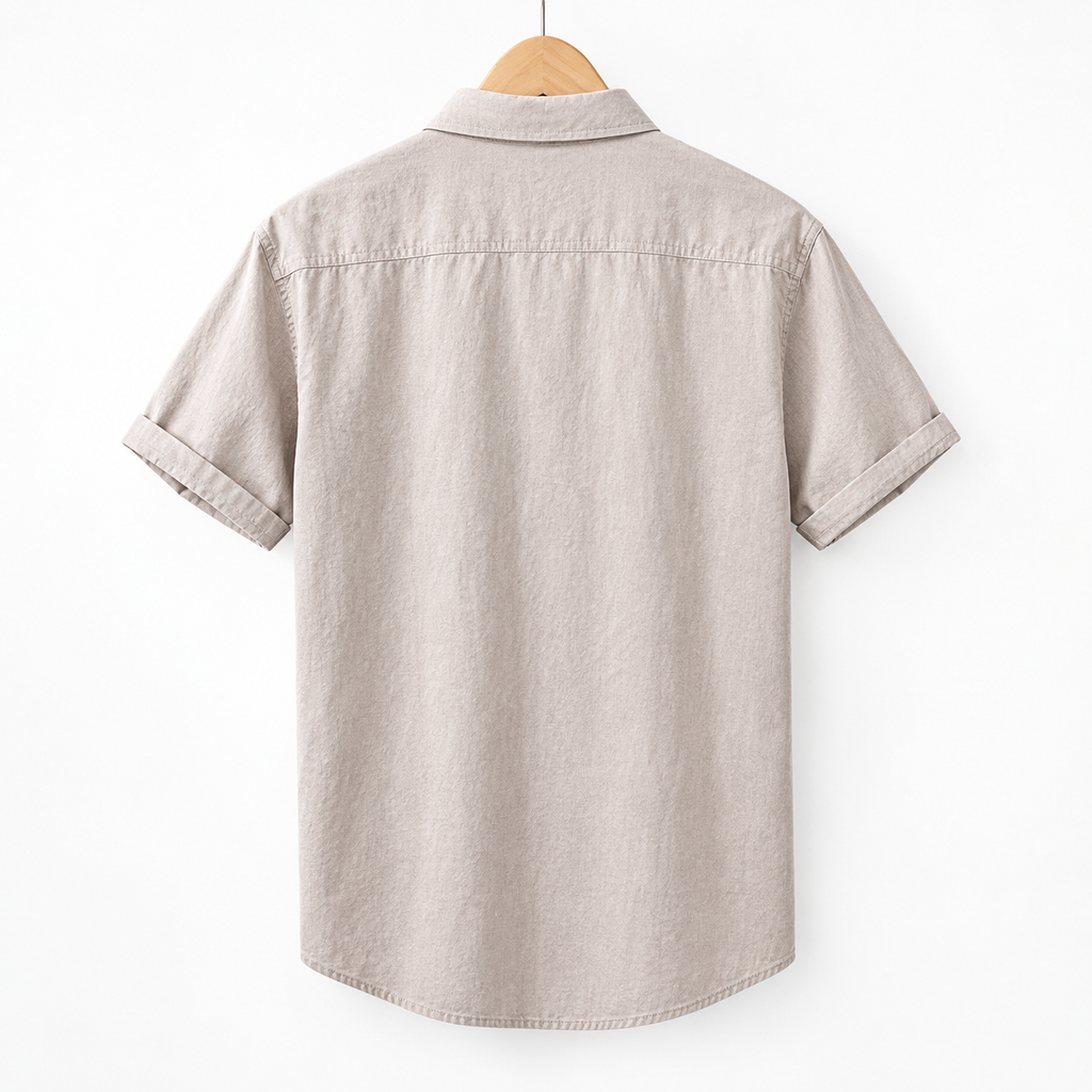 Men's Beige pocketed short sleeve shirt back view.