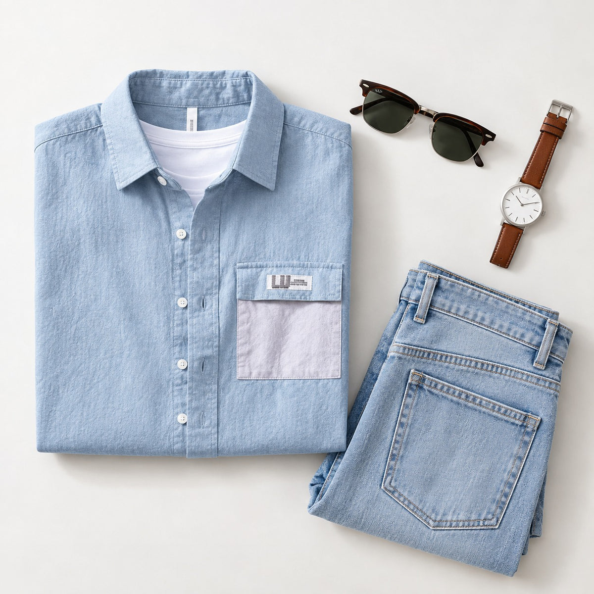 A styled flat-lay of a light blue denim button-up shirt with a chest pocket, folded with a white undershirt visible inside the collar. Folded light-wash jeans are placed beside it, along with dark sunglasses and a brown leather strap watch on a clean off-white background.