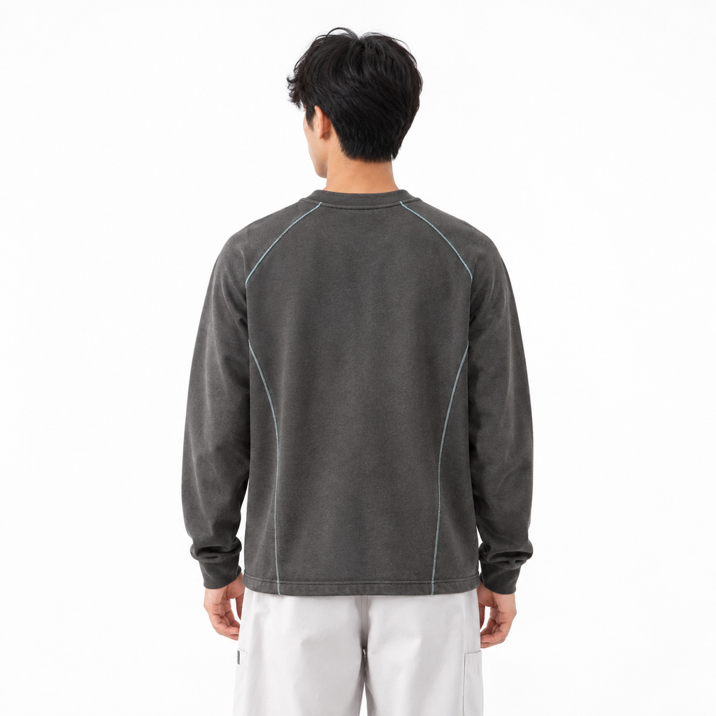 Men's dark gray raglan sleeve t-shirt back view
