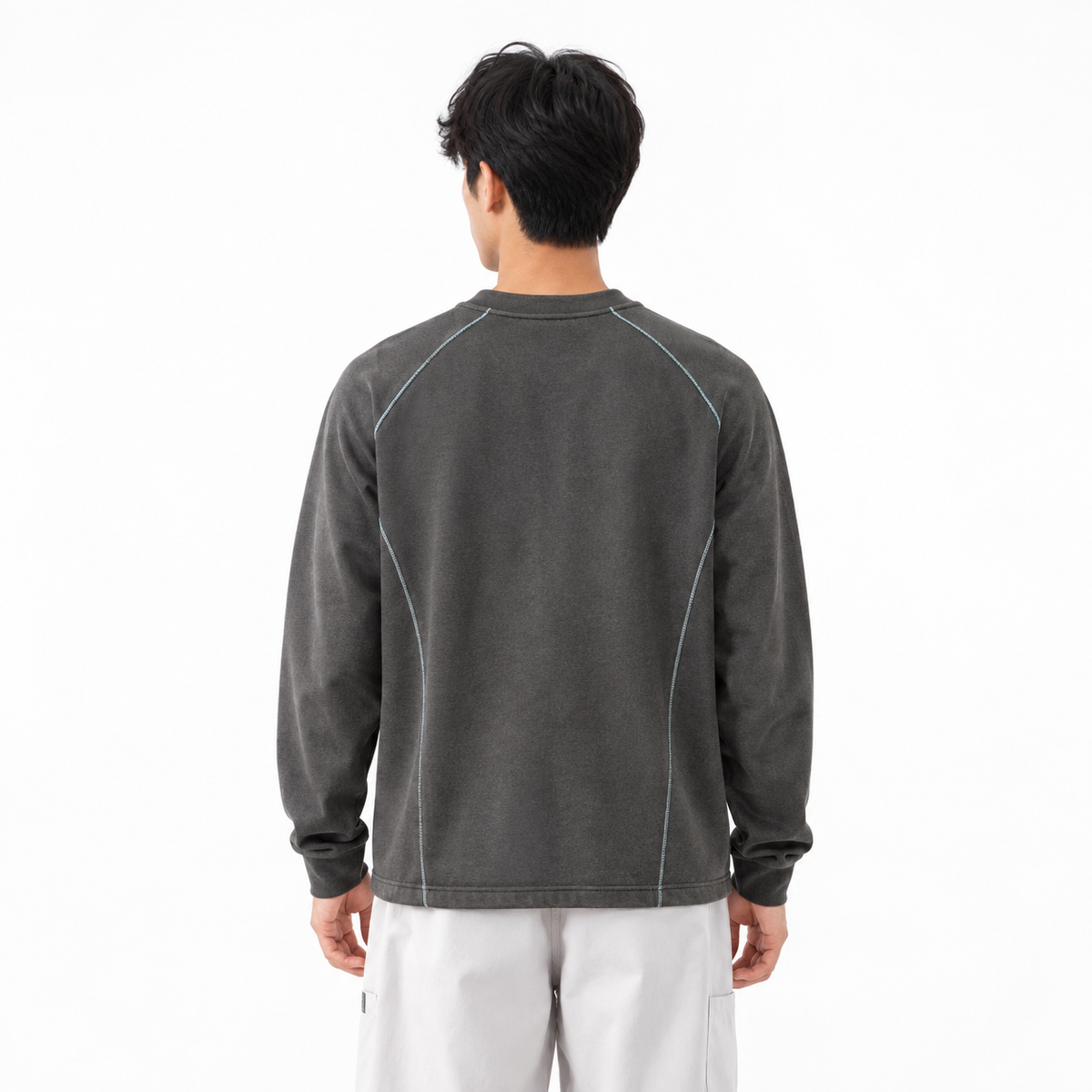 Men's dark gray raglan sleeve t-shirt back view