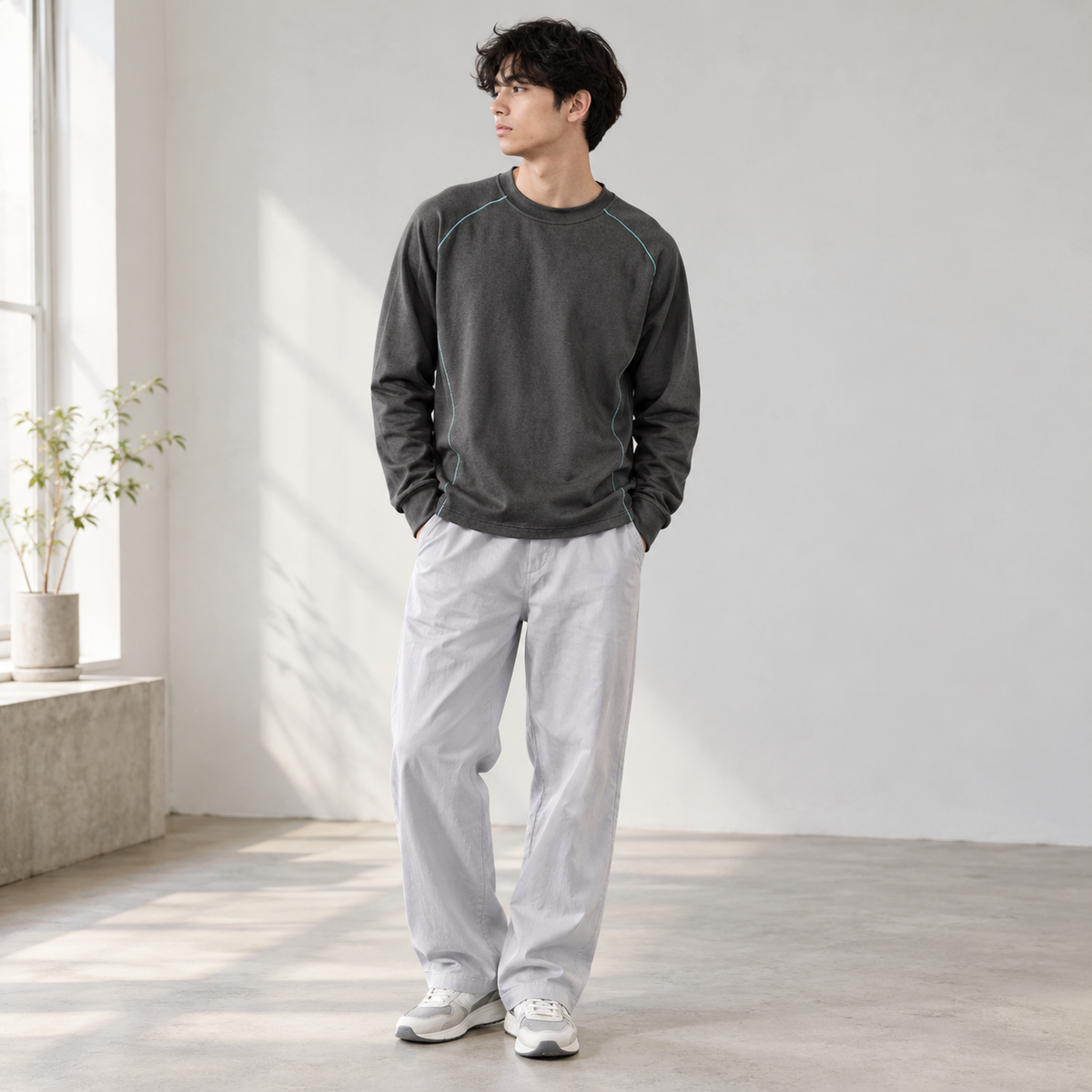 Men's round neck raglan t-shirt dark gray front view.