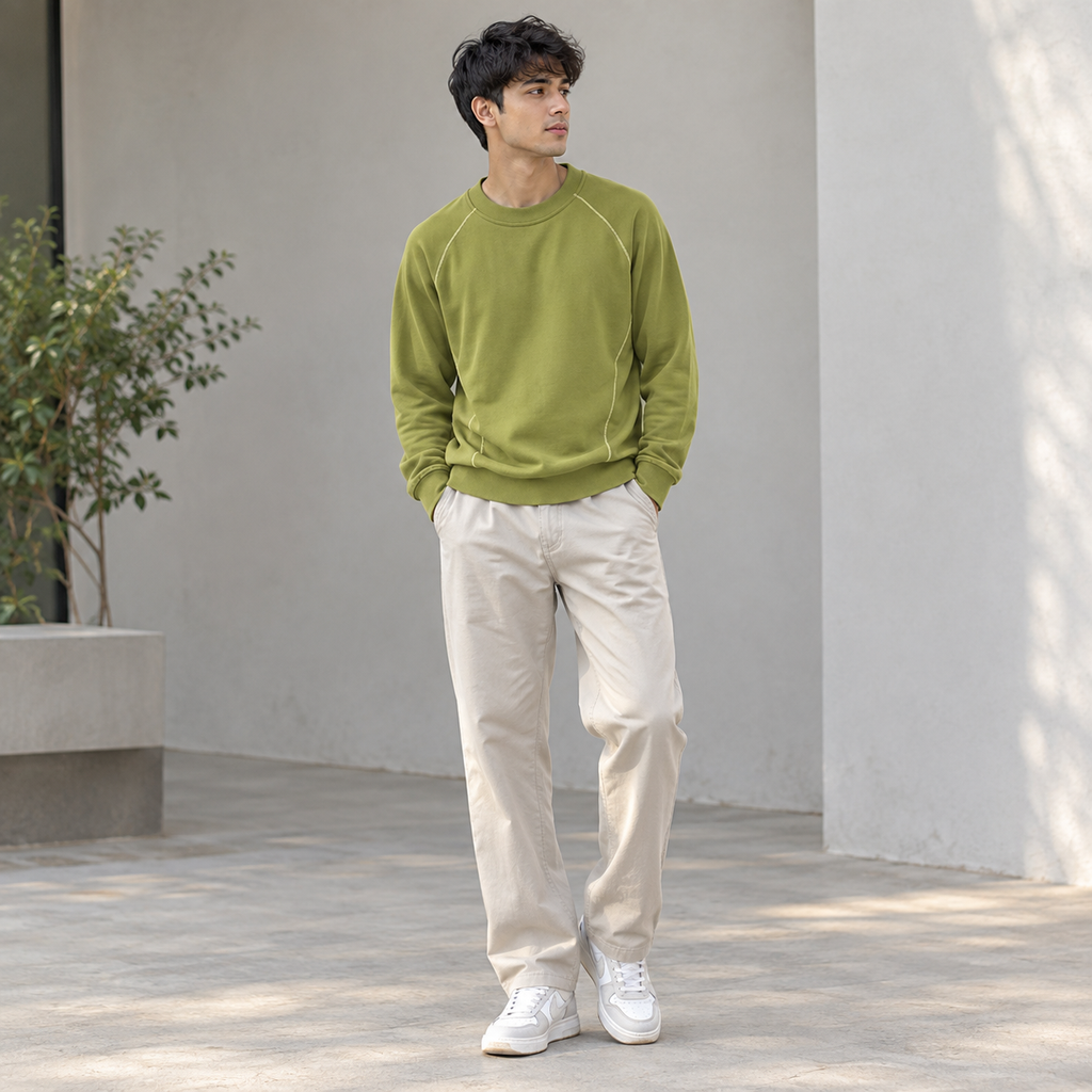 Men's round neck raglan t-shirt matcha green front view.