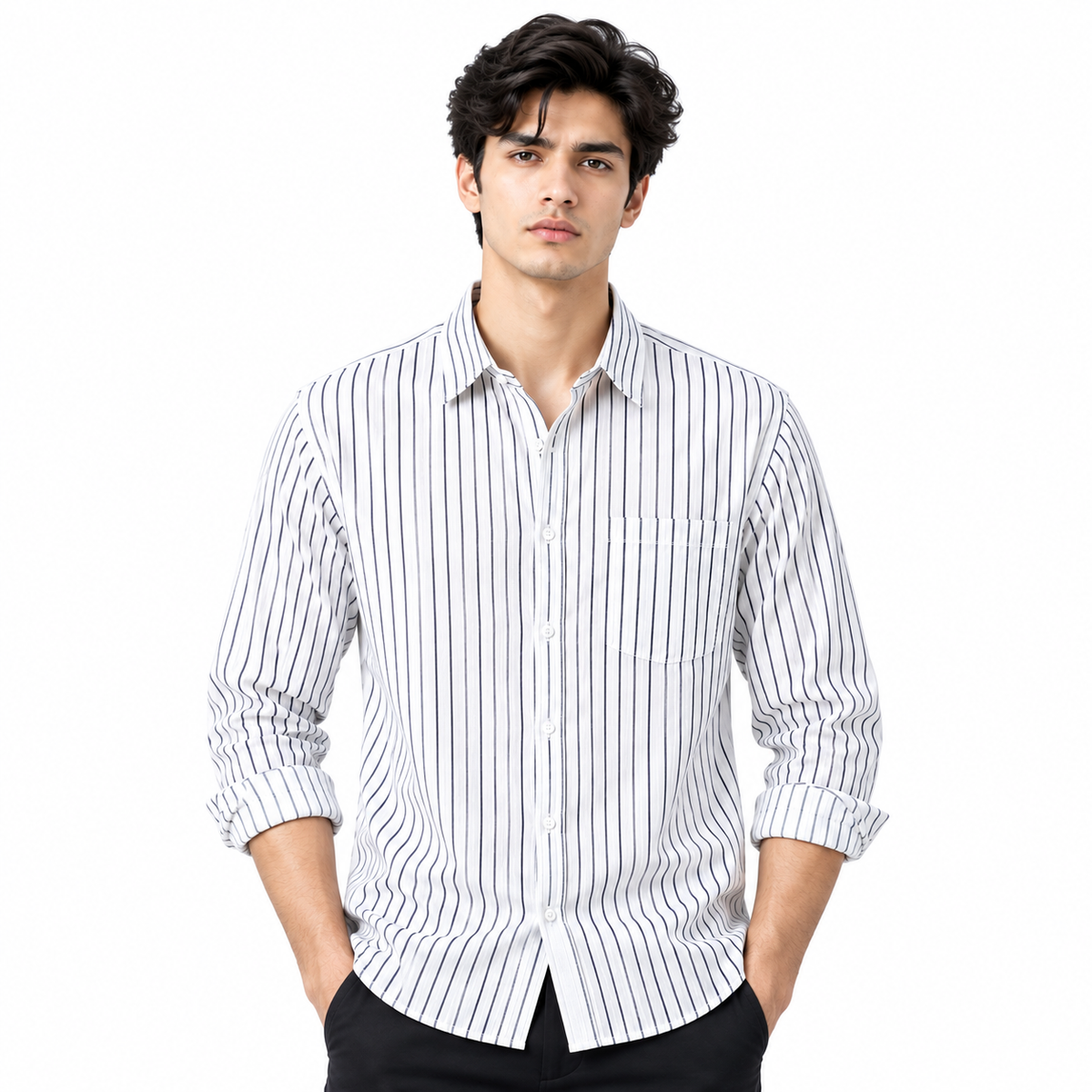 Men's striped button-down shirt White front view.