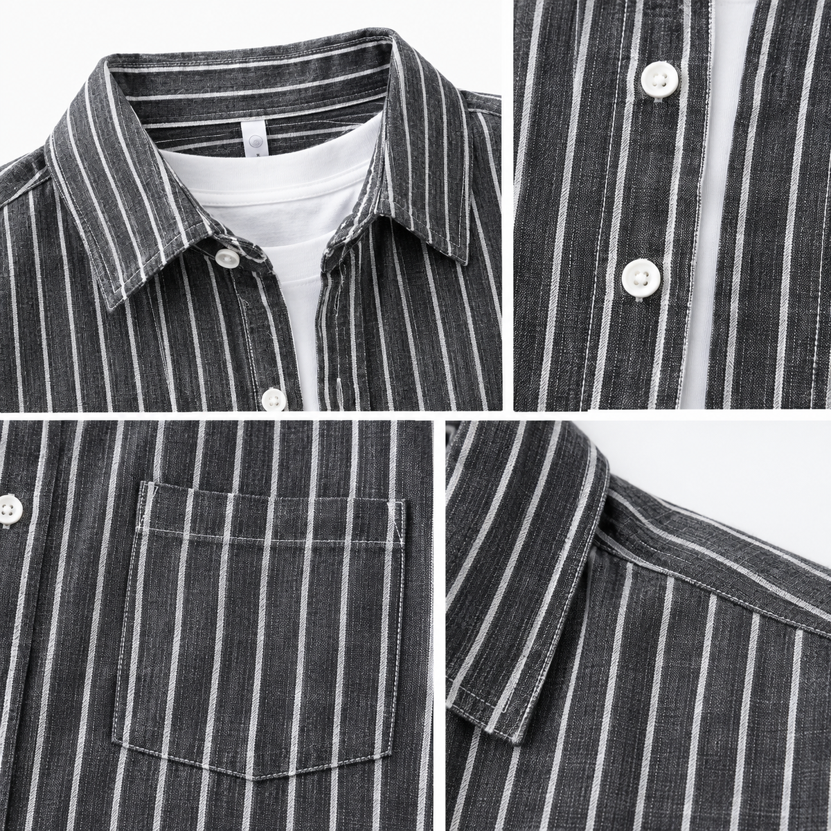 Gray men's striped button-down shirt detail.