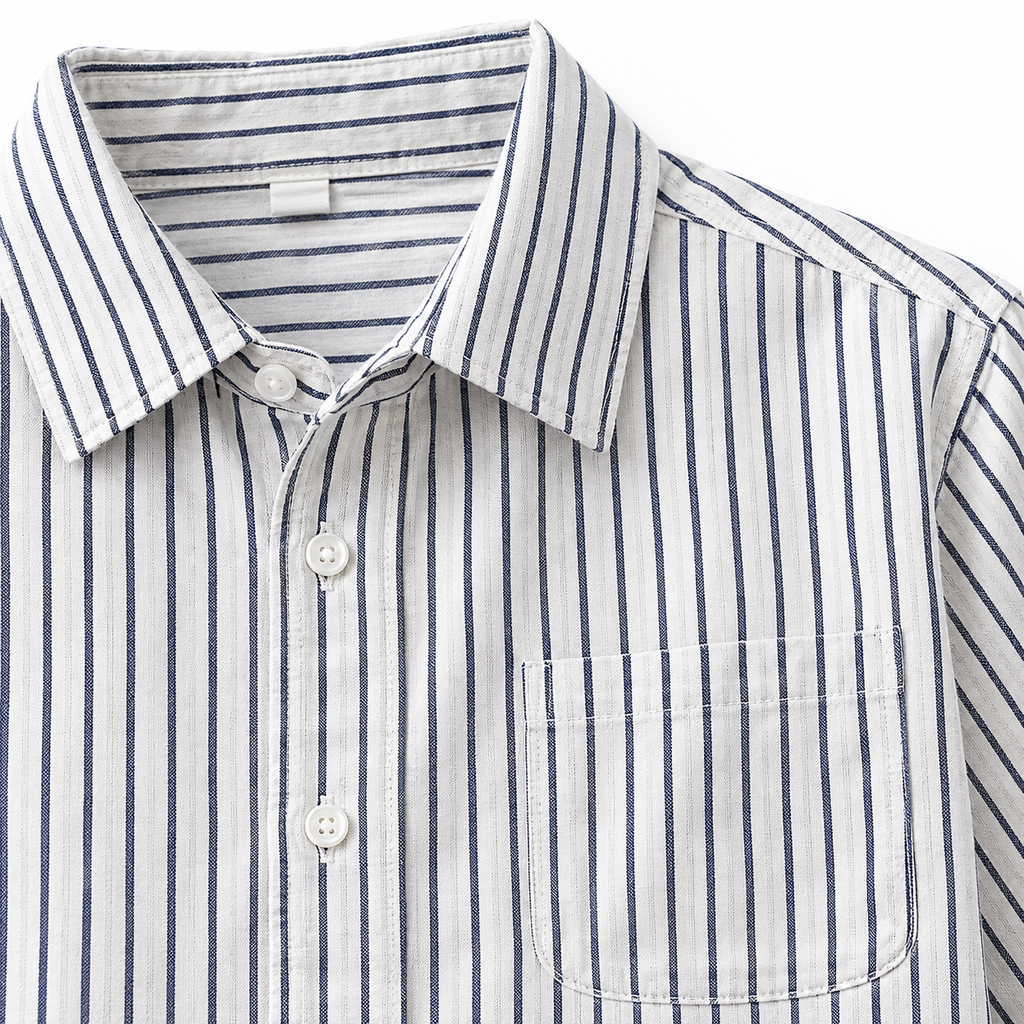 White men's striped button-down shirt detail.