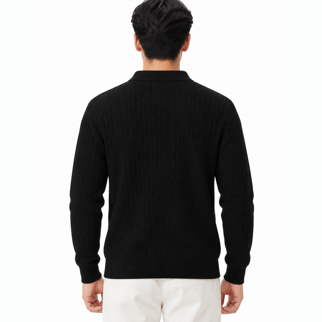 Men's Black button detail sweater back view.