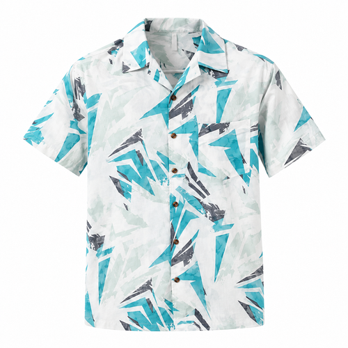 Men's Lake Blue geometric print short sleeve shirt front view.